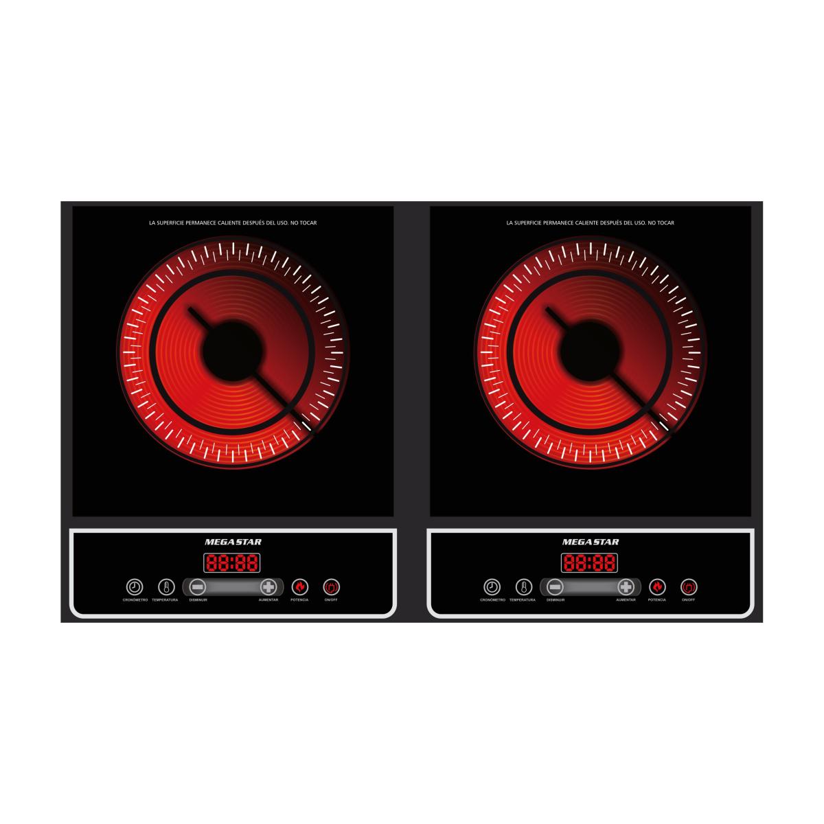 Panel de control
Temporizador
Display LED de 4 dígitos
Placa de cerámica
Control de termostato ajustable
Potencia: 2000W+2000W
Voltaje: 220V 50/60Hz
Tamaño: 600x360x65mm
Para todo tipo de ollas