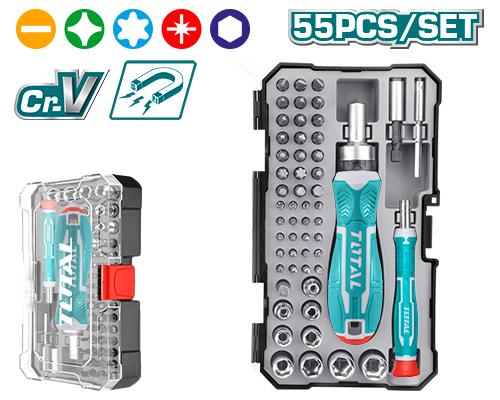 REF: TACSD30556
Juego de destornilladores de 55 piezas

Incluye:
- 21 puntas de destornillador de 6,35 x 25 mm:
SL4 SL5 SL6 PH1 PH2 PH2 PH2 PH3 PZ1 PZ2 PZ3 T10 T15 T20 T25 T30 T40 H3 H4 H5 H6
- 20 puntas de destornillador de precisión de 4 x 28 mm:
SL1.5 SL2 SL2.5 SL3 PH000 PH00 PH0 PH1 T6 T7 T8 T9 T10 T15 T20 H1.5 H2.0 H2.5 H3.0 H4.0
- 1 adaptador de puntas de 4 a 6 mm (25 mm).