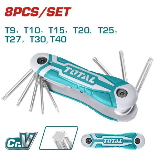 REF: THT1061846
- Juego de llaves Torx de 8 piezas (bolsillo)
- Tamaño: T9, T10, T15, T20, T25, T27, T30, T40.
- Material: CR-V
- Tratamiento térmico y cromado.
- Empacado con colgante de plástico
