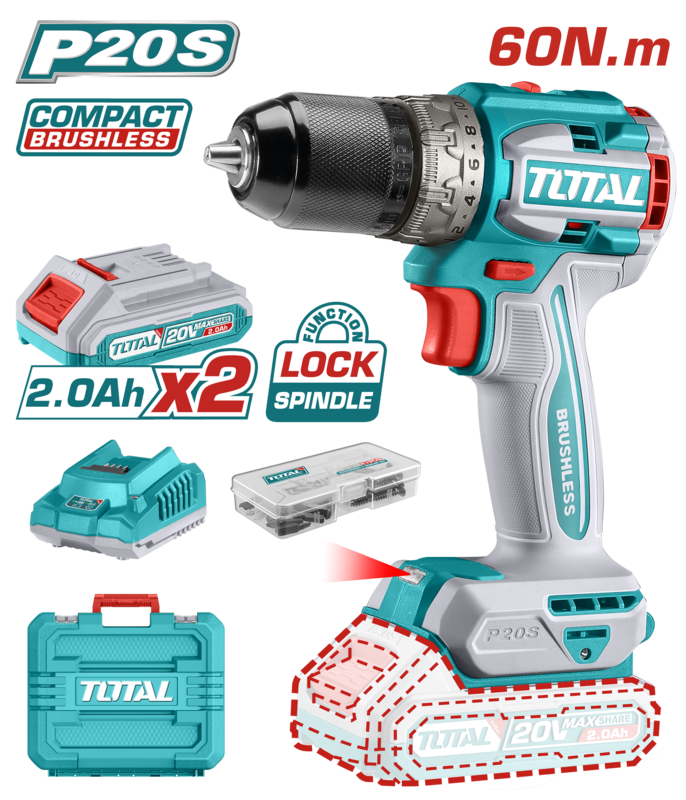 REF: TDLI20602
- Motor sin escobillas
- Voltaje: 20V
- Velocidad sin carga: 0-550/0-2000 rpm
- Torque máximo: 60 Nm
- Portabrocas metálico
- Capacidad del portabrocas: 13 mm
- Ajustes de torque: 22+1
- Portabrocas sin llave con bloqueo automático
- Caja de cambios mecánica de 2 velocidades
- Función de bloqueo del husillo
- Luz de trabajo LED integrada
- Incluye: 47 accesorios, 2 baterías de 2.0Ah (TFBLI20011), 1 cargador (TFCLI2001).
- Empacado en maletín de transporte.