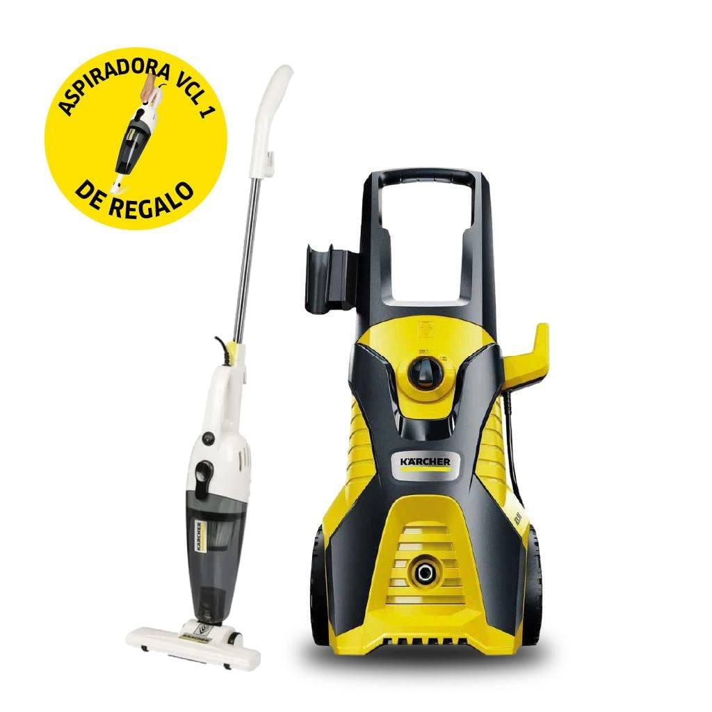PROMO POR EL DÍA DE LA MADRE: COMPRANDO UNA HIDROLAVADORA K3.98 TE LLEVAS UNA ASPIRADORA VCL 1 DE REGALO.

La Kärcher K3.98 es una hidrolavadora de alta presión diseñada para tareas de limpieza domésticas que requieren potencia y eficiencia. Es ideal para eliminar suciedad moderada en superficies como automóviles, bicicletas, muebles de jardín, terrazas y fachadas.

Especificaciones técnicas:
 Presión máxima: 130 bares.
 Caudal de agua: Hasta 360 litros por hora.
 Potencia del motor: 1.500 W.
 Temperatura máxima del agua de entrada: 40 °C.
 Longitud de la manguera: 6 metros.
 Peso sin accesorios: 13,6 kg.
 Dimensiones (L × A × H): 400 × 407 × 600 mm.
Aplicaciones recomendadas:
Limpieza de automóviles, bicicletas y motocicletas.
Lavado de muebles de jardín y herramientas de exterior.
Mantenimiento de terrazas, patios y entradas.
Limpieza de fachadas, muros y otras superficies exteriores.
---- 

La Kärcher VCL 1 es una aspiradora de mano y escoba eléctrica versátil y compacta, diseñada para facilitar la limpieza diaria en el hogar. Combina potencia, ligereza y comodidad, siendo ideal para eliminar polvo y suciedad de suelos, muebles y áreas de difícil acceso.

Especificaciones técnicas:
 Potencia: 1000 W.
 Capacidad del depósito de polvo: 0,7 litros.
 Autonomía de la batería: Hasta 40 minutos.
 Tiempo de carga: Aproximadamente 4 horas.
 Peso: 1,5 kg.
 Dimensiones (L × A × H): 240 × 210 × 1120 mm.
Aplicaciones recomendadas:
Limpieza de suelos duros, alfombras y tapetes.
Eliminación de polvo en muebles, mesas y superficies planas.
Aspiración de rincones, esquinas y áreas de difícil acceso.
Limpieza de interiores de automóviles y tapicerías.