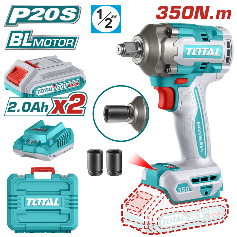 REF: TIWLI2035
- Motor sin escobillas
- Accionamiento cuadrado: 1/2"
- Velocidad sin carga: 0-1600/0-1900/0-2300 rpm
- Tasa de impacto: 0-2100/0-2500/0-2900 bpm
- Par de apriete: 350 Nm
- Par de aflojamiento de tuercas: 450 Nm
- Luz de trabajo LED integrada

- Incluye: 1 pieza de cargador de 20V (TFCLI2001), 2 piezas de batería de 2.0Ah (TFBLI20011), 2 piezas de adaptadores (19, 21 mm)
Empacado en estuche de transporte