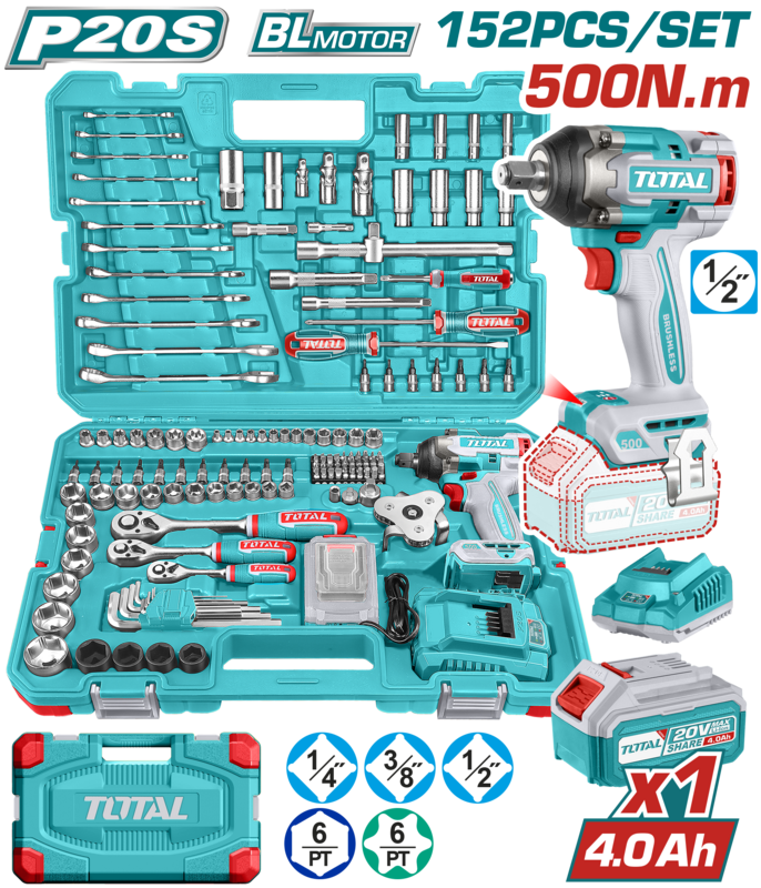Set de 152 piezas de herramientas de llave de impacto inalámbrica

1 Pzs Llave de impacto inalámbrica (TIWLI2050): Cuadrante de transmisión: 1/2", Velocidad sin carga: 0-1200/0-1800/0-2200 rpm, Frecuencia de impactos: 0-2400/0-2800/0-3300 bpm, Torque de apriete: 500 Nm, Torque para aflojar tuercas: 650 Nm

Incluye: 1 Pzs batería 4.0 Ah 20 V (TFBLI2002), 1 Pzs cargador (TFCLI2001E), 1 Pzs llave de carraca 1/4", 13 Pzs dados 1/4": 4 - 4.5 - 5 - 5.5 - 6 - 7 - 8 - 9 - 10 - 11 - 12 - 13 - 14 mm, 18 Pzs dados 1/4" x 32 mm (L): Hex: 3 - 4 - 5 - 6 - 8 mm; Star: T8 - T10 - T15 - T20 - T25 - T30 - T40; SL: 5.5 - 6.5 mm, PH2, PH3, PZ2, PZ3, 4 Pzs dados profundos 1/4"DR 50 mm (L): 8, 9, 10, 12 mm, 1 Pzs barra de extensión: 1/4" Dr. x 50 mm, 1 Pzs mango giratorio: 1/4" x 150 mm, 1 Pzs junta universal 1/4", 1 Pzs adaptador de tres vías 1/4": 3/8" (F) x 1/4" (M), 1 Pzs portapuntas: 1/4" x 6.35 mm, 40 Pzs puntas 6.35 x 25 mm (L): T5 - T6 - T7 - T8 - T9 - T10 - T15 - T20 - T25 - T30 - PH1 - PH2 - PH2 - PH3 - PH4 - PZ1 - PZ2 - PZ2 - PZ3 - PZ4 - SL3 - SL3 - SL4 - SL4 - SL5 - SL5.5 - SL6 - SL6.5 - SL7 - SL7 - H2 - H3 - H3 - H4 - H4 - H5 - H5 - H6 - H7 - H7, 4 Pzs dados para impacto: 17, 19, 21, 22 mm, 1 Pzs llave de carraca: 1/2", 1 Pzs junta universal 1/2", 7 Pzs dados 1/2" Dr.: 21, 22, 23, 24, 27, 30, 32 mm, 2 Pzs dados para bujía: 1/2" Dr. 16 mm - 21 mm, 2 Pzs barras de extensión: 1/2" Dr. x 125 mm, 1/2" Dr. x 250 mm, 1 Pzs adaptador de tres vías 1/2": 3/8" (F) x 1/2" (M), 10 Pzs dados hexagonales 3/8": 10, 11, 12, 13, 14, 15, 16, 17, 18, 19 mm, 4 Pzs dados profundos hexagonales 3/8": 13, 14, 15, 17 mm, 7 Pzs dados estrella 3/8": E10, E11, E12, E14, E16, E18, E20, 1 Pzs llave de carraca: 3/8", 2 Pzs barras de extensión 3/8": 75 mm (3"), 150 mm (6"), 1 Pzs junta universal Dr.: 3/8", 1 Pzs adaptador de tres vías 3/8": 3/8" (F) x 3/8" (M), 1 Pzs llave para filtro de aceite, 2 Pzs destornilladores: SL 6.5 x 150 mm, PH2 x 150 mm, 12 Pzs llaves combinadas: 6, 8, 9, 10, 11, 12, 13, 14, 15, 17, 18, 19 mm, 9 Pzs llaves Torx: T10, T15, T20, T25, T27, T30, T40, T45, T50
Empacado en maletín