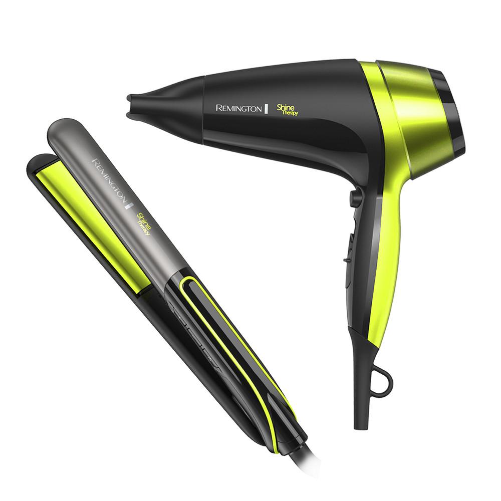SECADOR.
* Secador Remington Shine Therapy con Microacondicionadores de Aguacate y Macadamia.
* Rejilla removible para una mejor limpieza.
* Botón de aire frio para fijar peinado.
* Rendimiento de 2100W (220V).
* Peinado libre de frizz.
* Gancho para colgar.
* Mayor protección.
* Cabello brillante.
* Cable de 1.8m.
* Concentrador.
* Motor DC.

ALISADOR.
* Un alisado perfecto en pocos minutos sin maltrar tu cabello es posible con la plancha alisadora Shine Therapy de Remington.
* Microacondicionadores de Aguacate y Macadamia para un peinado suave y brillante.
* Ajustes de temperatura digital de 150°C a 230°C para cualquier tipo de cabello.
* Temperatura profesional de 230°C para alisar en pocas pasadas.
* Placas de cerámica que ayudan a reducir el frizz.