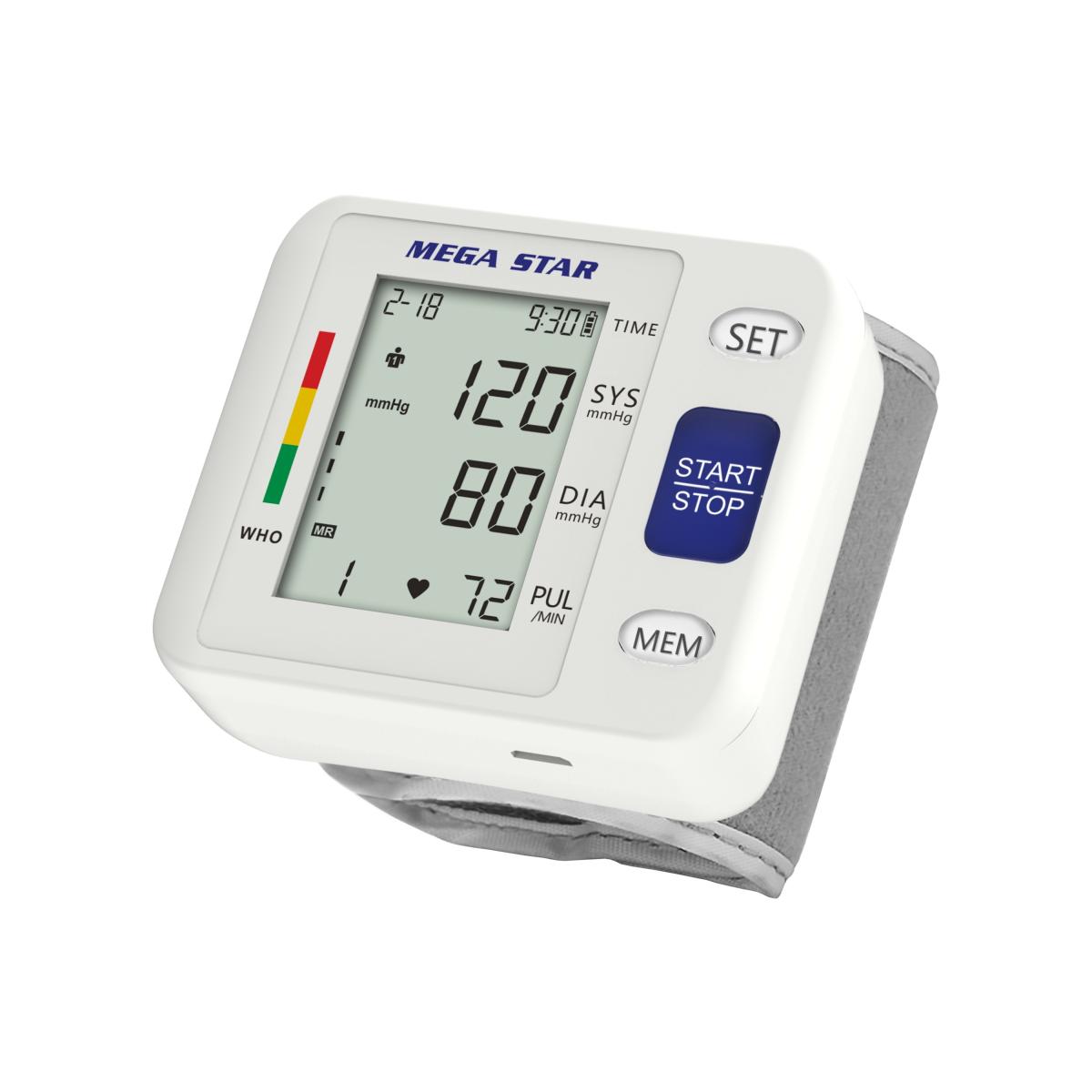 Circunferencia de la pulsera: Aprox. (135~195)mm
Peso: Aprox. 150g (con batería seca y pulsera)
Método de medición: Método de medición oscilográfico

Rango de medición:
Presión: (0~290)mmHg (0~38,66)kPa / Pulso: (40~180)/minuto

Precisión de medición:
Presión: ±3mmHg (±0,4kPa) / Pulso: ±5%

Volumen de memoria: 2 usuarios 99 memorias cada uno
Entorno de trabajo normal: (+5~+40)°C, ≤80%RH
Almacenamiento y transporte: Entorno: (-20~+55)°C, ≤93%RH
Presión atmosférica de funcionamiento: (80~106)kPa
Presión atmosférica de transporte y conservación: (50~106)kPa
Fuente de alimentación: 2 pilas AAA de 1,5V