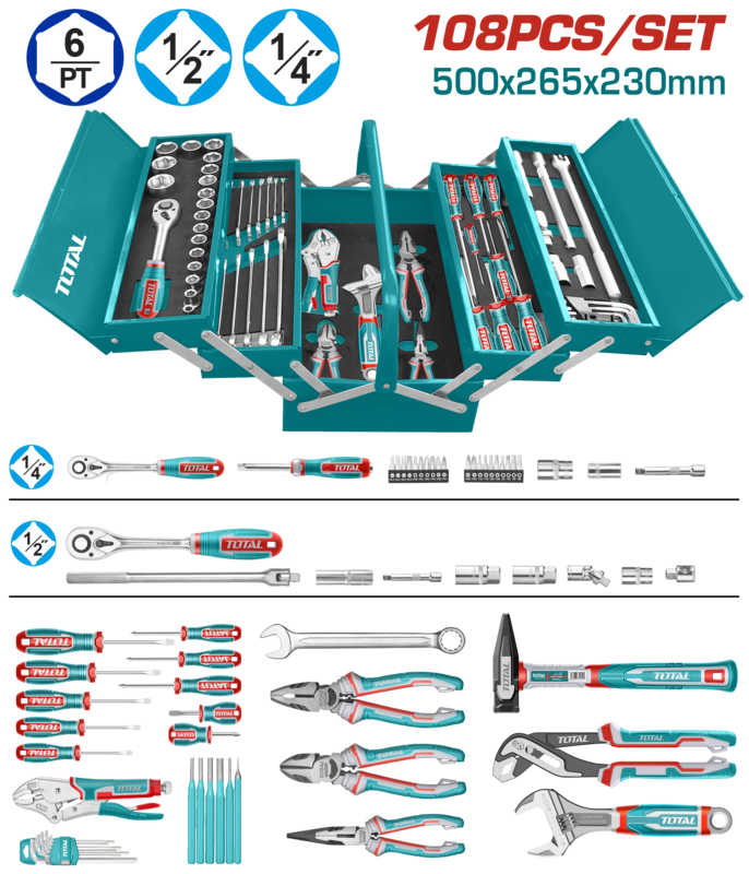 REF: THTCS121081
Juego de Cofre de Herramientas de 108
Incluye:
1 Llave de trinquete: 1/4"
13 Enchufes 1/4": 4-4.5-5-5.5-6-7-8-9-10-11-12-13-14
2 Barras de extensión: 1/4"Dr. x 50 mm, 1/4"Dr. x 100 mm
1 Mango giratorio: 1/4"x150 mm
1 Porta puntas: 1/4"6.35 mm
20 Puntas de destornillador: SL3, SL4, SL5, SL6, PH0, PH1, PH2, PH3, PZ0, PZ1, PZ2, PZ3, T10, T15, T20, T30, H3, H4, H5, H6
1 Llave de trinquete: 1/2"
1 Junta universal 1/2"
18 Enchufes 1/2"DR: 10-11-12-13-14-15-16-17-18-19-20-21-22-23-24-27-30-32 mm
2 Enchufes para bujías: 1/2"Dr. 16 mm - 21 mm
2 Barras de extensión: 1/2"Dr. x 125 mm, 1/2"Dr. x 250 mm
1 Mango flexible 1/2"Dr., 375 mm
1 Adaptador de tres vías 1/2"Dr.: 3/8"(F)x1/2(M)
10 Destornilladores: SL375, SL4100, SL5.5100, SL6.538, SL6.5125, SL8150, PH175, PH2125, PH238, PH3*200
12 Llaves combinadas: 8-10-11-12-13-14-15-16-17-18-19-22
9 Llaves de bola: 1.5-2-2.5-3-4-5-6-8-10
1 Alicate de mandíbula curva de 10"
1 Alicate de bomba de agua de 10"
1 Alicate de nariz larga de alta palanca de 6"
1 Alicate combinado de alta palanca de 8"
1 Alicate cortante diagonal de alta palanca de 7"
1 Martillo de maquinista de 300 g
1 Llave ajustable de 10"
6 Puntas de pasador: 1.5x152 mm, 3x152 mm, 4x152 mm, 5x152 mm, 6x152 mm, 8x152 mm